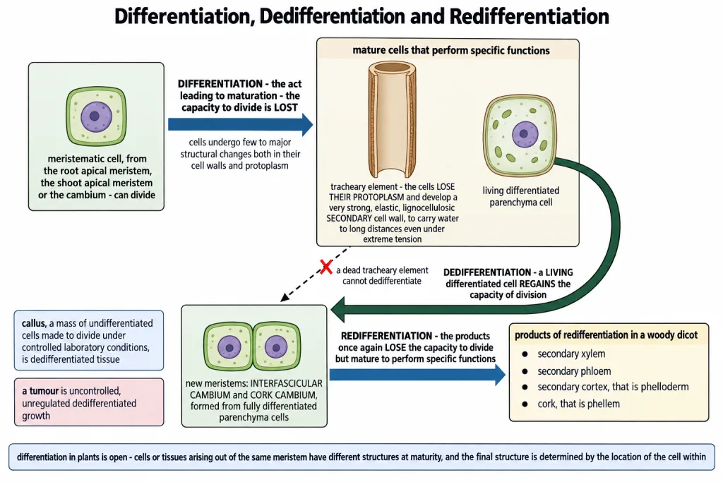 Differentiation, dedifferentiation and redifferentiation in plant cells