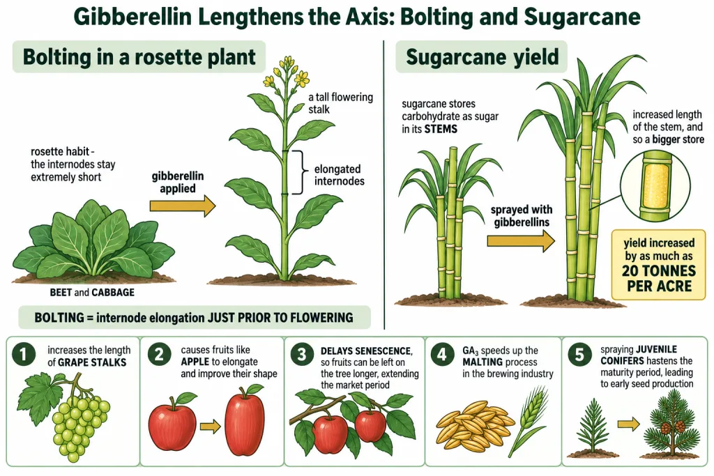 Bolting in a rosette plant and a gibberellin sprayed sugarcane stem