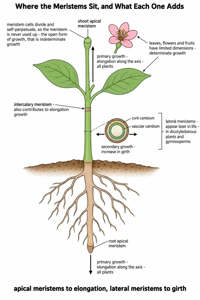 Shoot apical meristem, root apical meristem and vascular cambium in a young plant