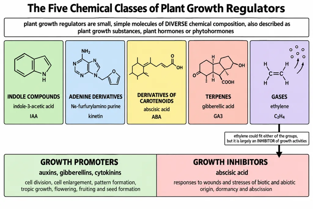 The five chemical classes of plant growth regulators with an example of each