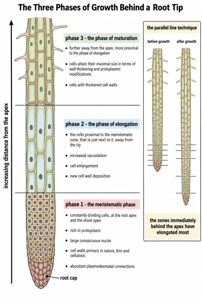 Meristematic, elongation and maturation zones behind a root tip