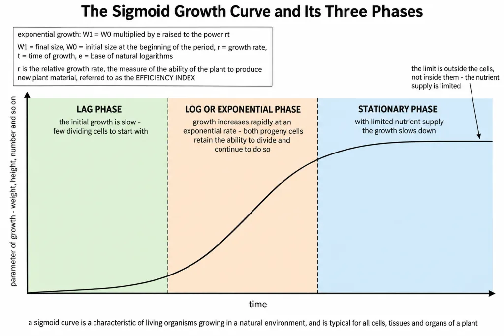 Idealised sigmoid growth curve with lag, exponential and stationary phases