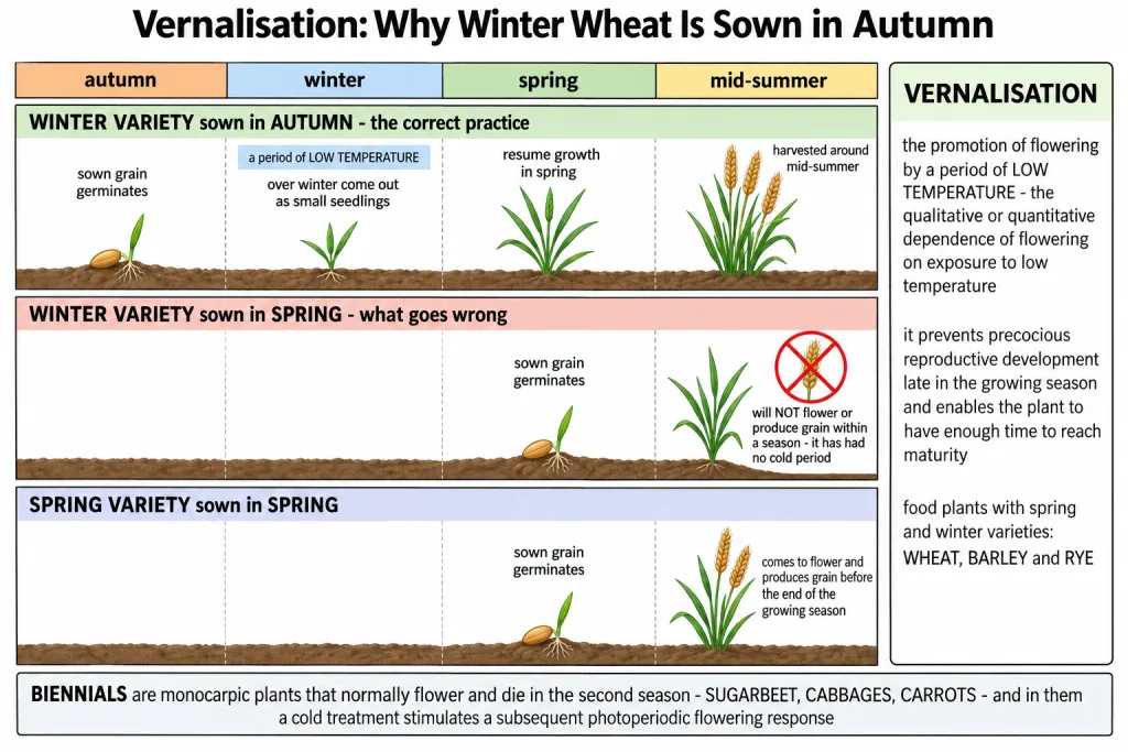 Winter wheat sown in autumn overwintering as seedlings and harvested in mid-summer