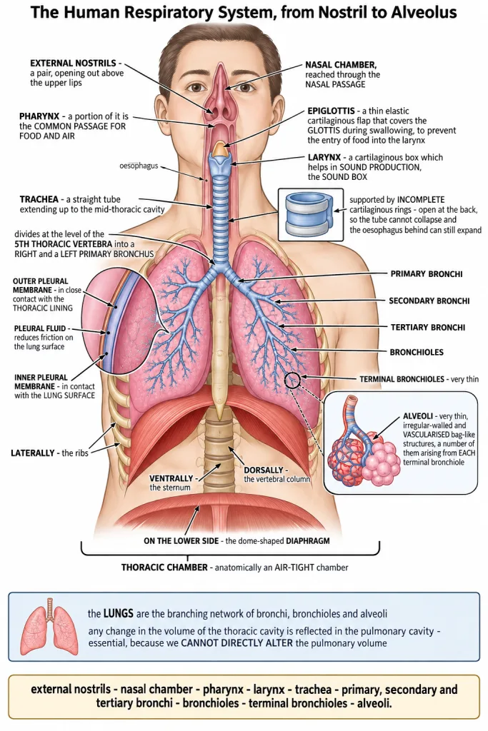 Human respiratory system from nostrils to alveoli with a sectional view of a lung