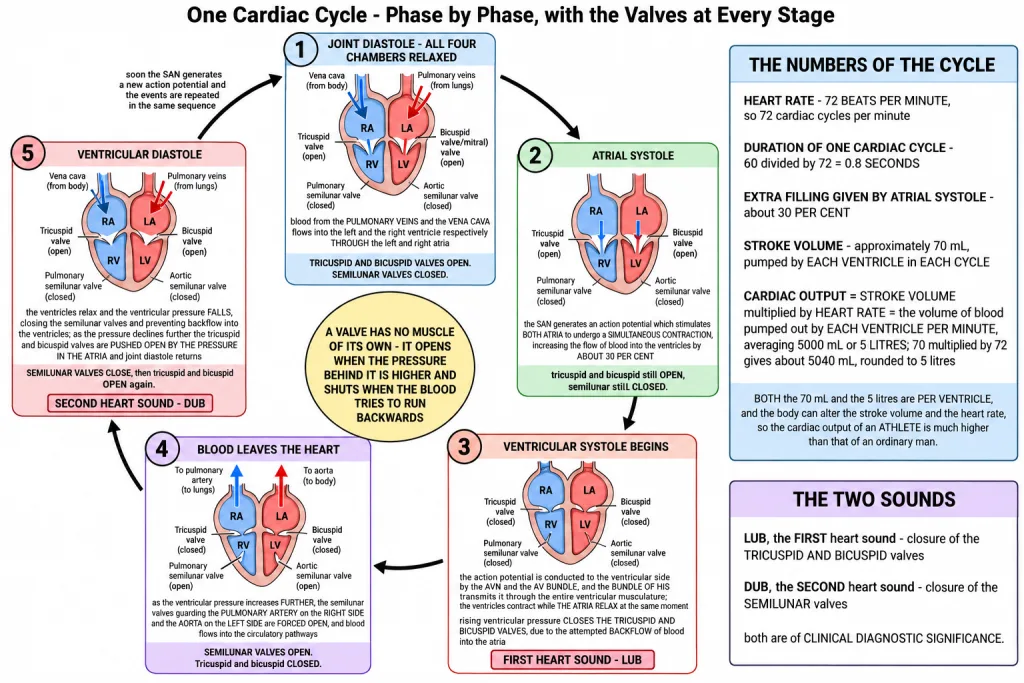 The phases of one cardiac cycle with the valve positions at each stage