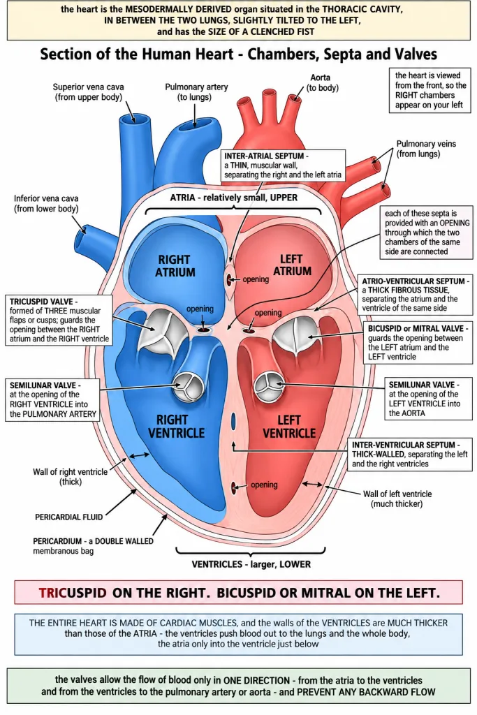 Section of the human heart showing chambers, septa and valves