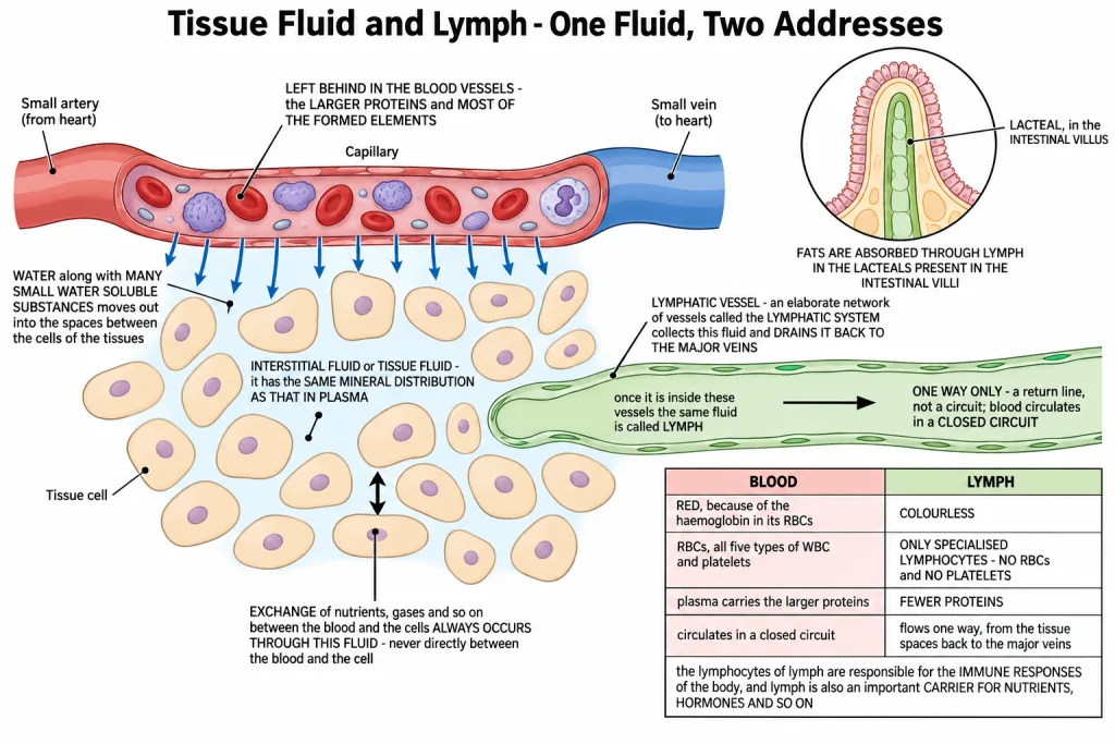 Tissue fluid formed at a capillary bed and collected by lymphatic vessels