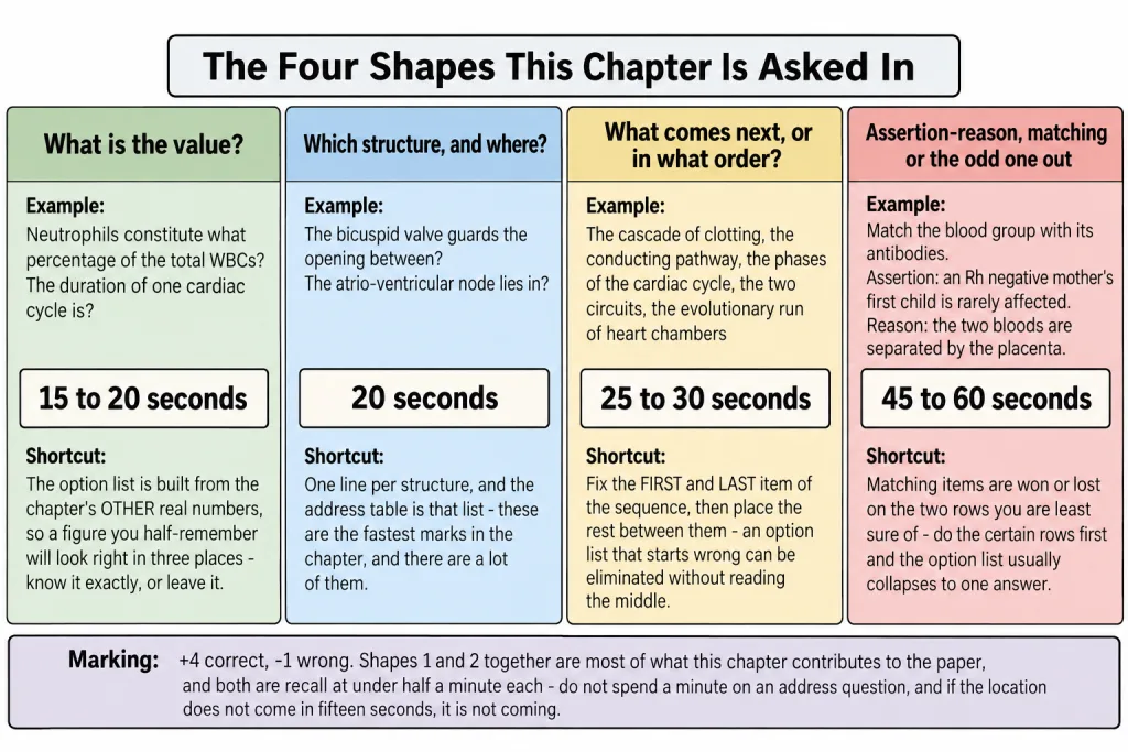 The four question shapes of Body Fluids and Circulation with time budgets