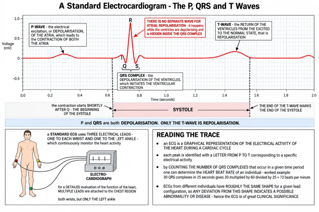 Diagrammatic presentation of a standard ECG showing the P wave, QRS complex and T wave