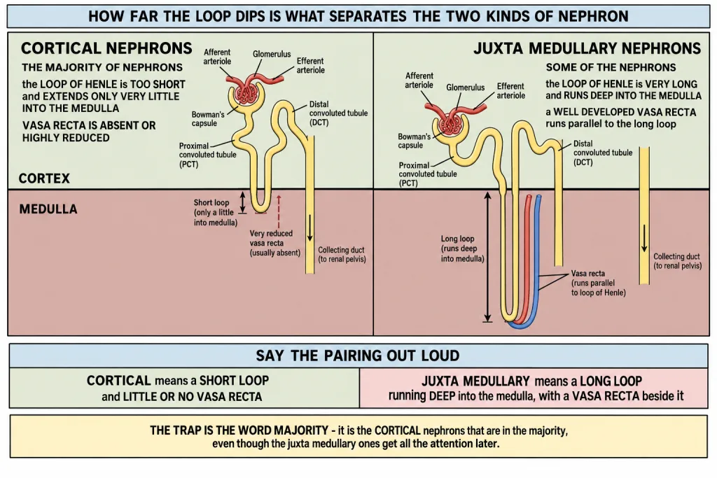 Cortical nephron with short loop beside juxta medullary nephron with long loop