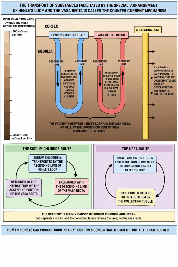 Nephron and vasa recta showing counter current flow in the medulla