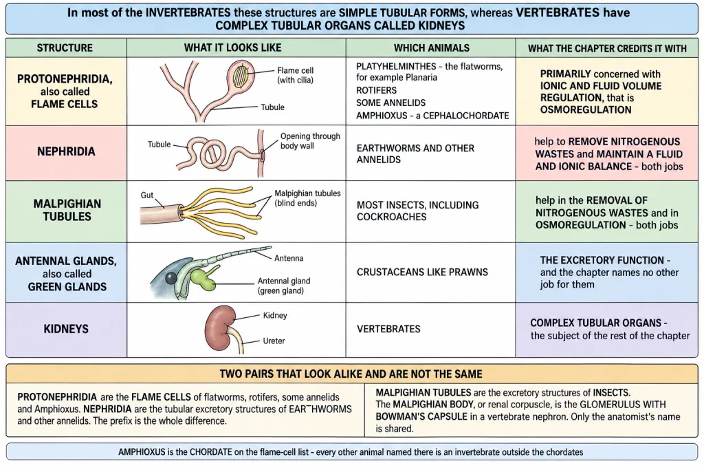Flame cells, nephridia, Malpighian tubules, green glands and kidneys by animal group
