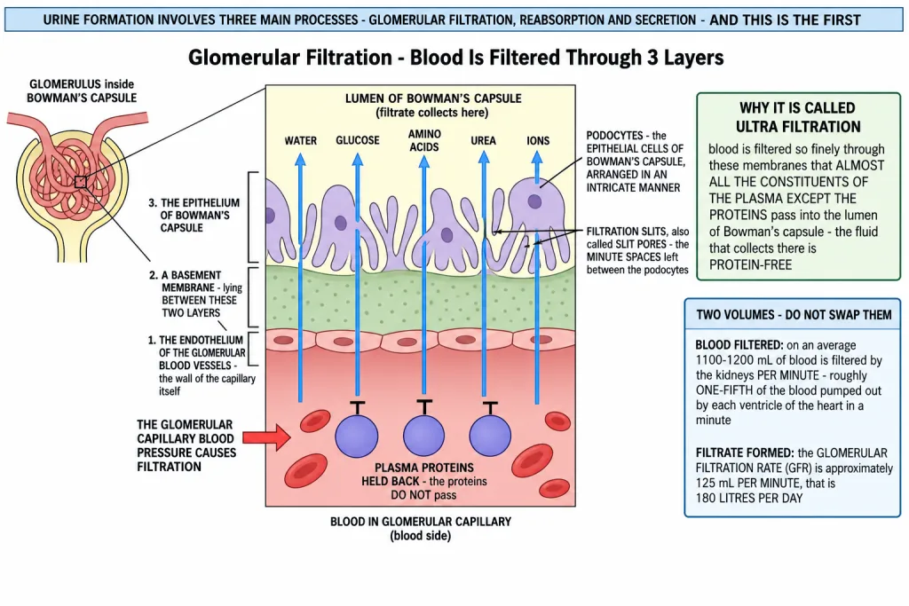 Three layers of the glomerular filtration barrier with podocytes and filtration slits