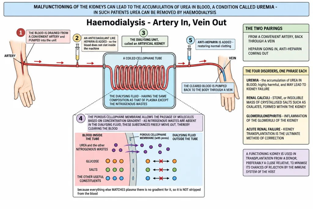 Haemodialysis with artery blood cellophane tube dialysing fluid and return vein