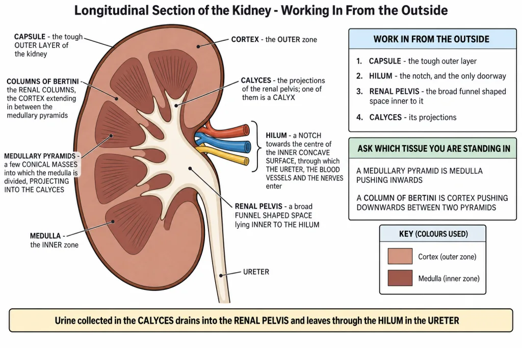 Longitudinal section of kidney showing cortex, medulla, pyramids and pelvis