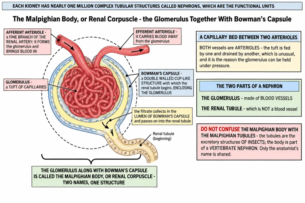 Malpighian body with glomerulus, capsule and afferent and efferent arterioles