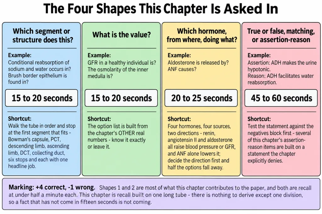The four question shapes of Excretory Products with time budgets