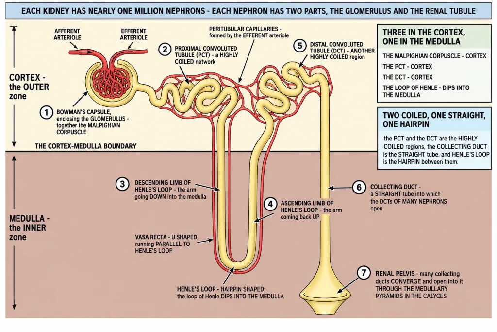 Nephron with glomerulus, tubule segments, collecting duct and blood vessels