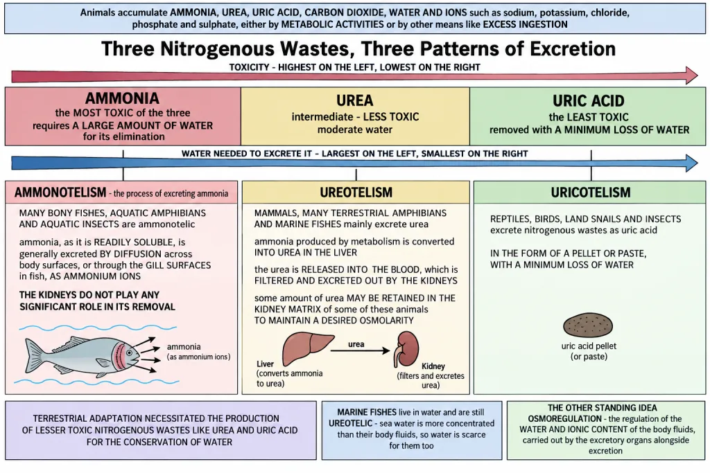 Ammonia, urea and uric acid ranked by toxicity against water needed to excrete