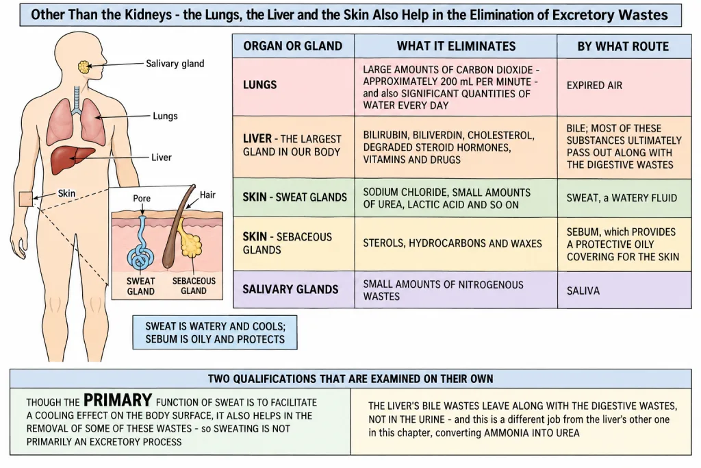 Lungs liver skin and salivary glands as extra routes of excretion