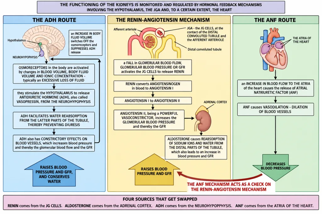 Hormonal control of kidney function by ADH, renin-angiotensin and ANF