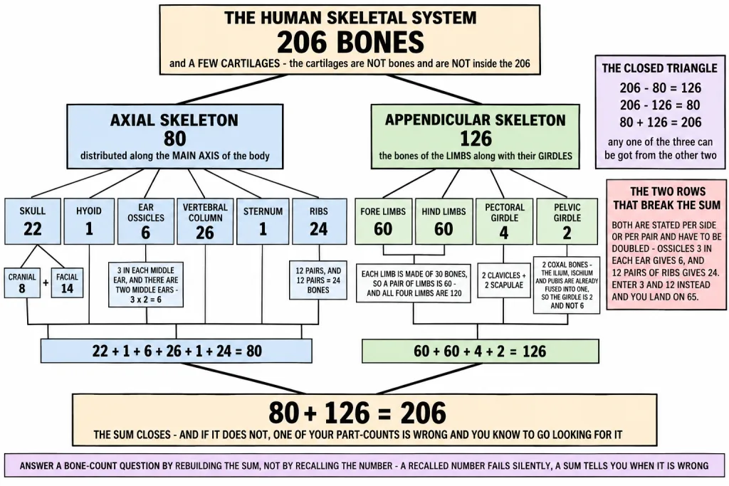 Tree of the human skeleton splitting into axial 80 and appendicular 126