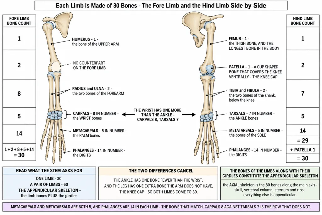 Bones of the fore limb and the hind limb with their names and numbers