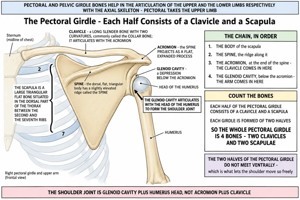 Right pectoral girdle and upper arm in frontal view with parts labelled