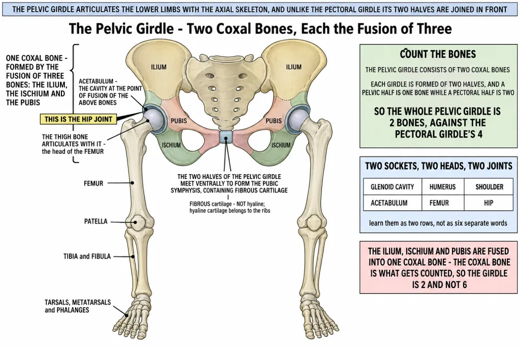 Pelvic girdle and hind limb bones with the coxal bone parts labelled