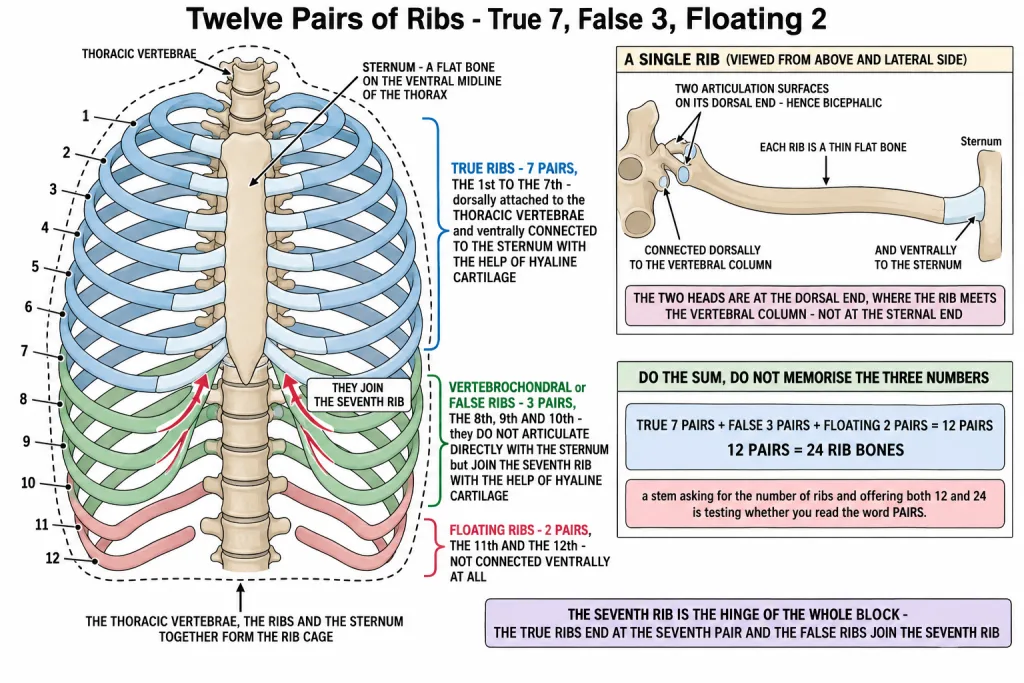 Ribs and the rib cage showing true, false and floating ribs