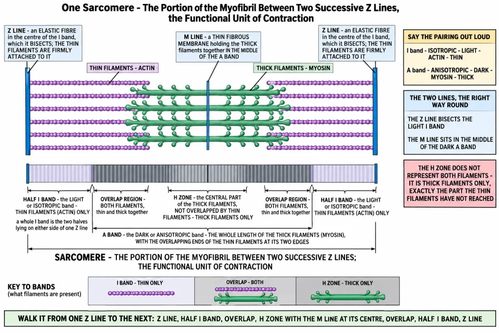 A sarcomere with Z lines, A and I bands, M line and H zone marked