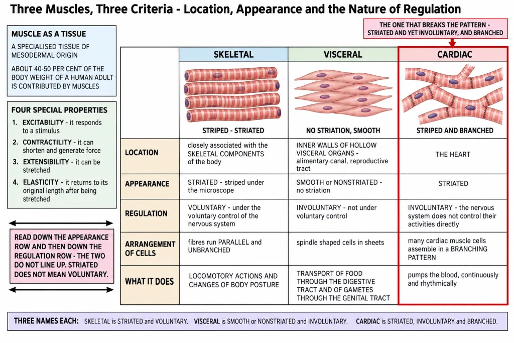 Skeletal, visceral and cardiac muscle compared by location, appearance and control