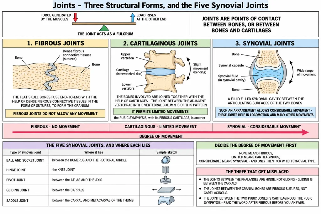 Fibrous, cartilaginous and synovial joints with an example of each