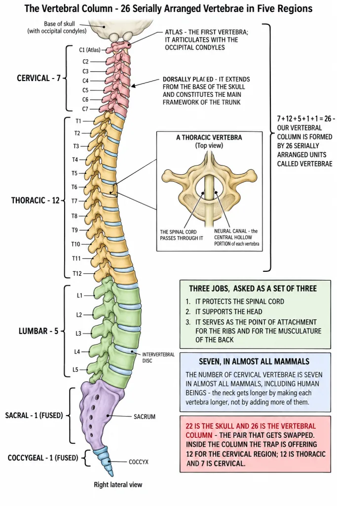 Vertebral column in right lateral view showing its five regions