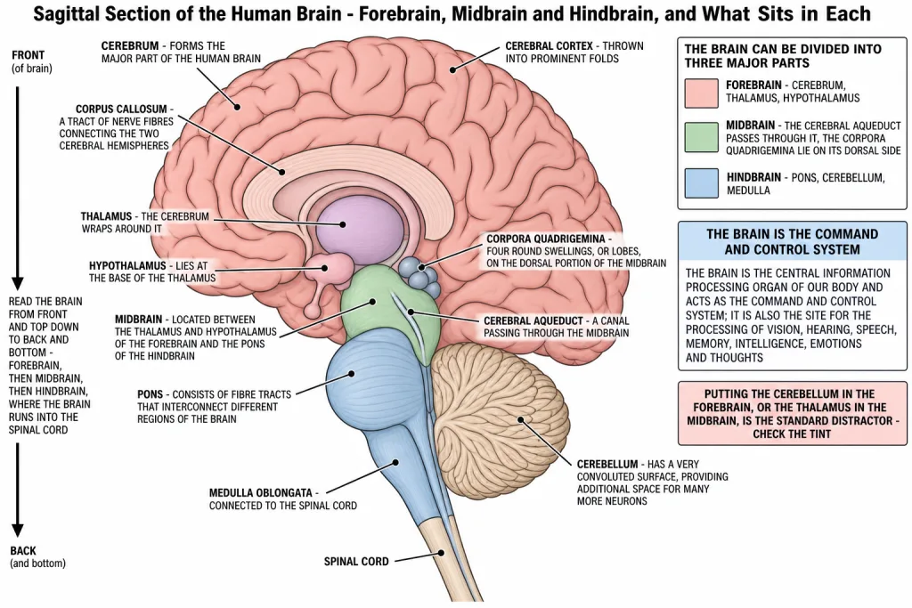 Sagittal section of the human brain with major parts labelled