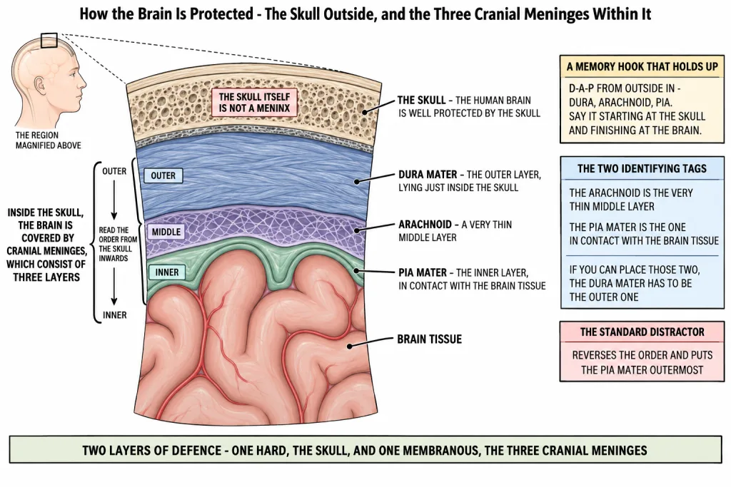 Cranial meninges showing dura mater arachnoid and pia mater layers