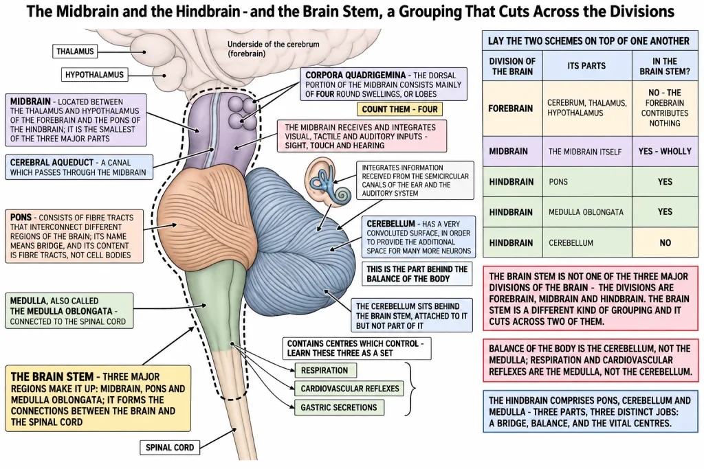 Midbrain corpora quadrigemina with pons cerebellum and medulla below