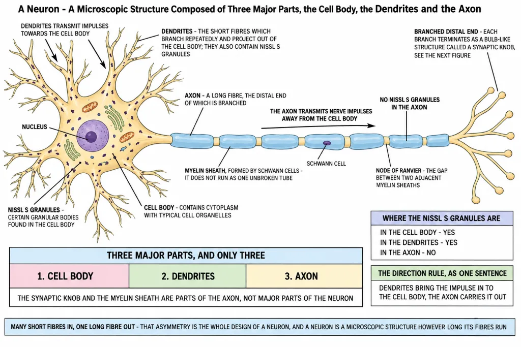 Structure of a neuron with cell body dendrites and axon labelled