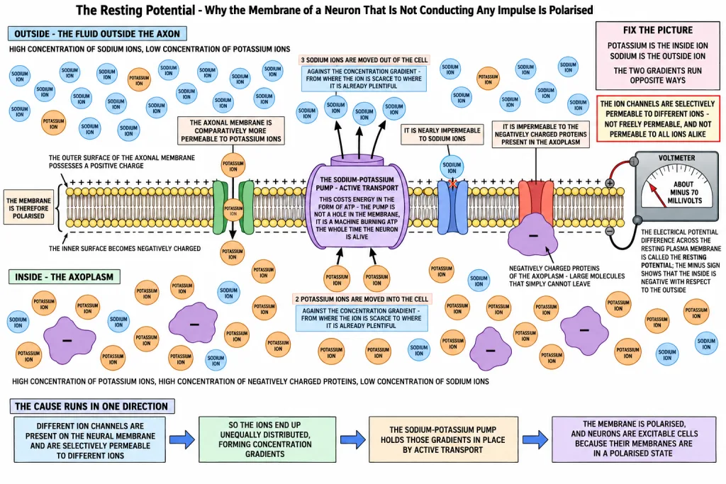 Ion distribution across a resting axon membrane with the sodium potassium pump