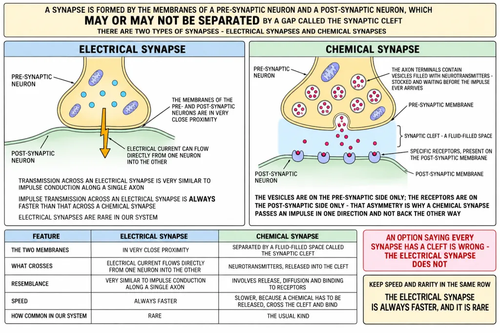Axon terminal and synapse with synaptic cleft and vesicles labelled