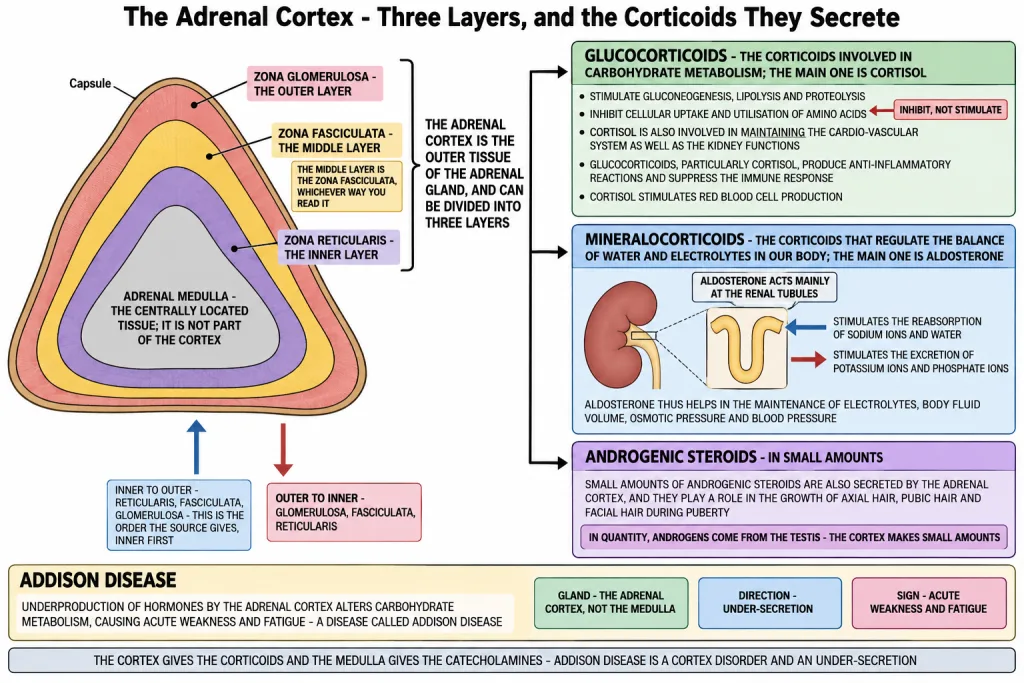 Three layers of the adrenal cortex and the corticoids each region secretes