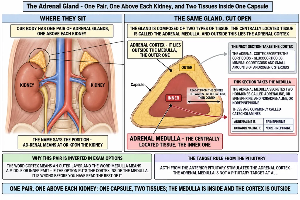 Adrenal gland above the kidney and a section showing medulla and cortex