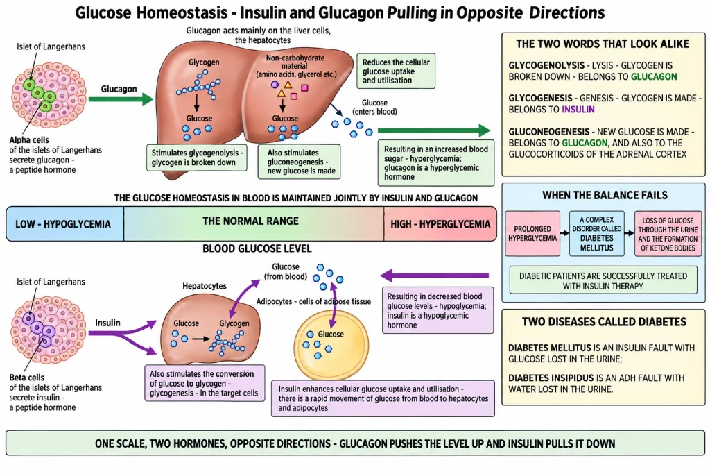 Insulin and glucagon acting in opposite directions on blood glucose