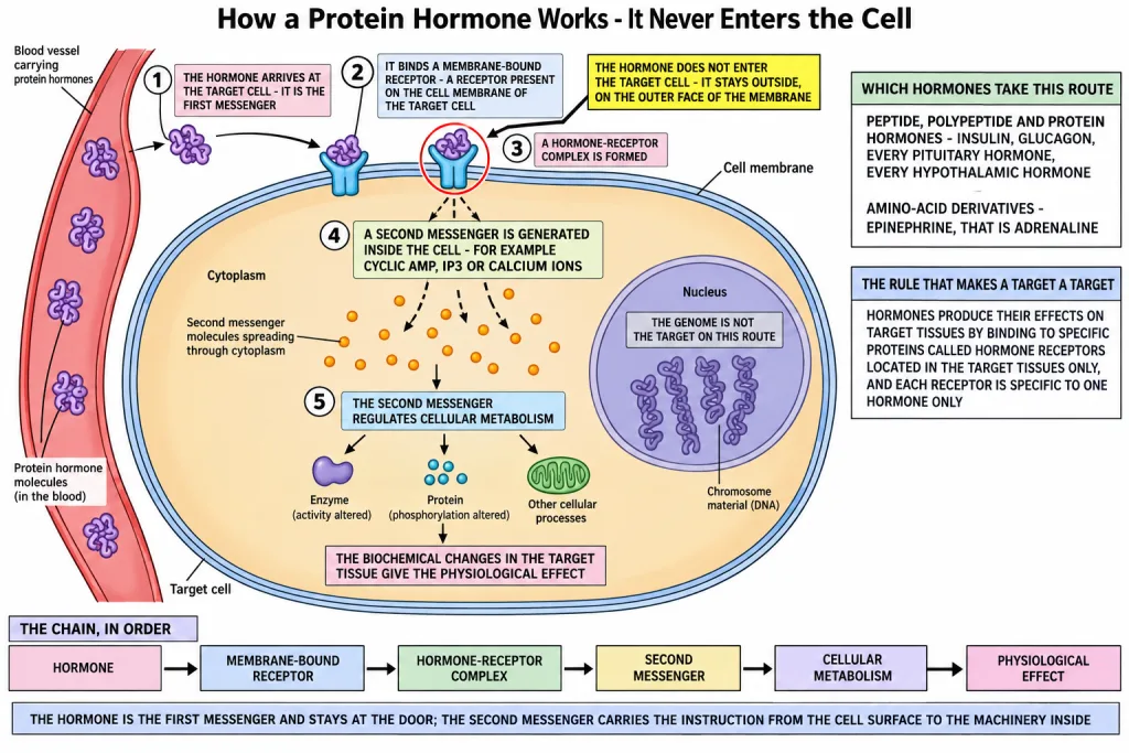Protein hormone binding a membrane receptor and generating second messengers