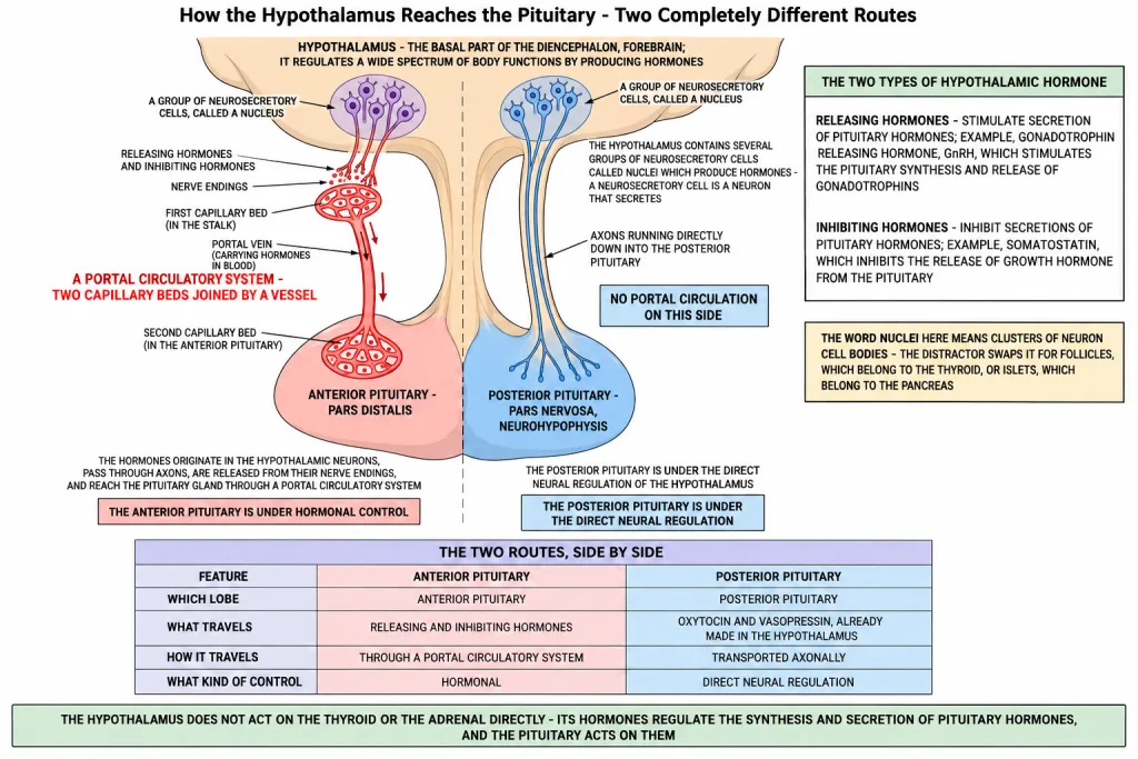 Hypothalamus and pituitary with portal circulation and axonal route