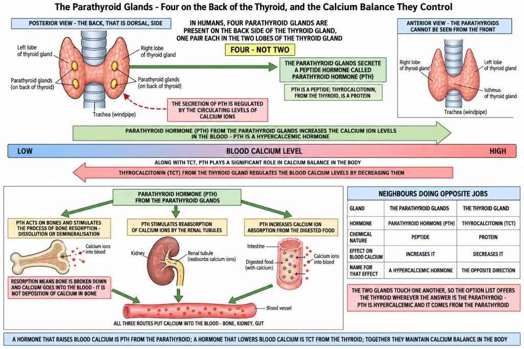 Four parathyroid glands behind the thyroid and the calcium balance they control