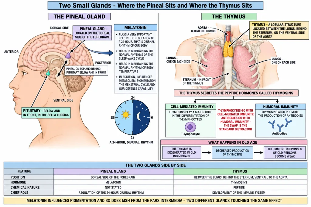 Position of the pineal gland in the brain and the thymus behind the sternum