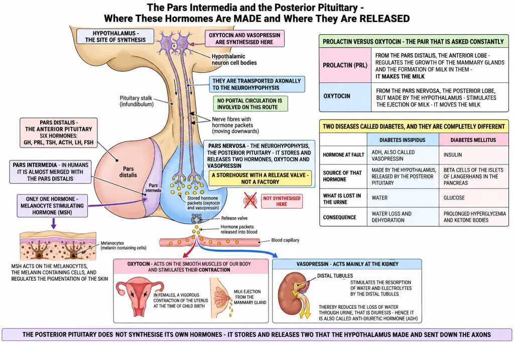 Posterior pituitary storing oxytocin and vasopressin made in the hypothalamus