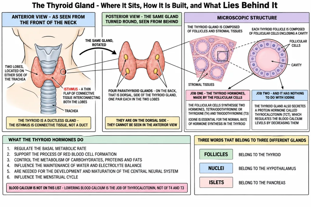 Thyroid gland with two lobes and isthmus on either side of the trachea