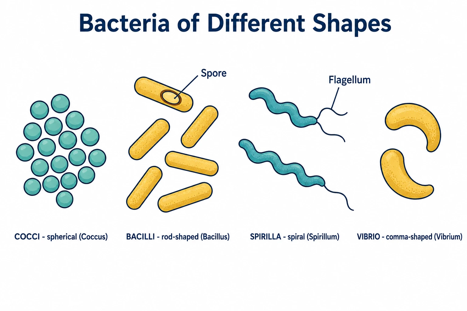 Four bacterial shapes: Cocci, bacilli, vibrio and spirilla